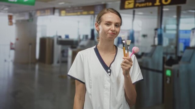 Woman in white uniform holding makeup brushes and making a deadpan smirk at an airport checkin gate; travel boredom.