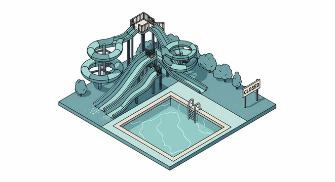 Isometric illustration of a closed water park with slides and pool