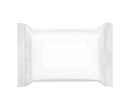 Wet wipes flow package mockup with realistic flap. Vector illustration isolated on white background. Can be use for your design, promo, adv and etc. Scalable without lose quality. EPS10.