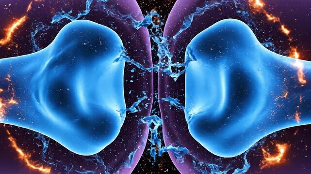 Futuristic Medical Visual of Interacting Cells with Glowing Blue and Purple Forms in Cosmic Background