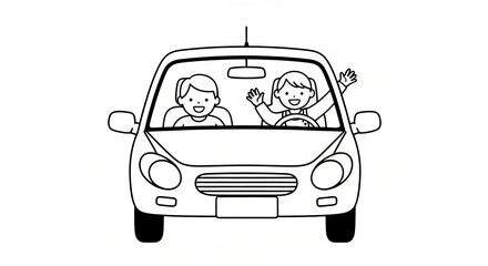 Obraz premium Joyful Cartoon Family Adventure in a Colorful Car, Traveling Together on a Happy Vacation Journey