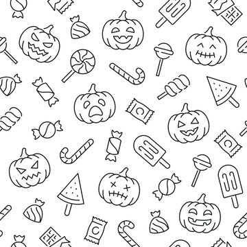 Seamless pattern with Halloween. Black and white thin line icons
