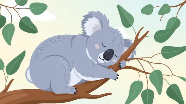 Animated illustration of a cute koala sitting on a tree branch and chewing eucalyptus leaves, surrounded by green foliage in a flat cartoon vector style.