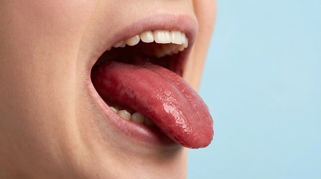 Close-up of an open mouth showing a swollen and inflamed red tongue representing a medical condition