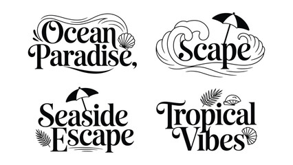 Obraz premium Black and white tropical vacation phrases with beach icons on transparent background