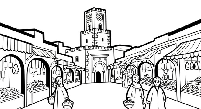 Traditional outdoor marketplace with historic clock tower entrance.