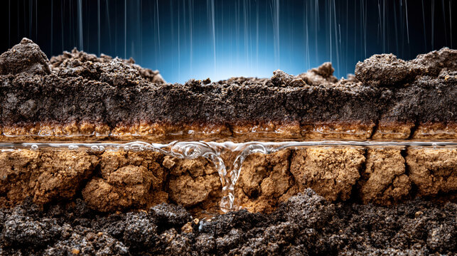 Soil cross section rain water infiltration, wet ground erosion, groundwater flow, brown earth layer, climate concept, environment background, weather moisture saturation