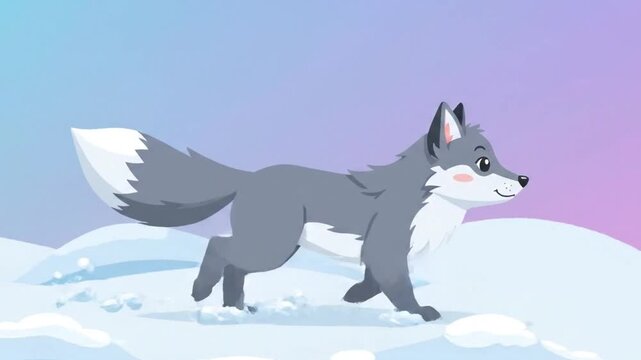 Animated gray wolf walking across a snowy winter landscape with a pastel-colored sky background.