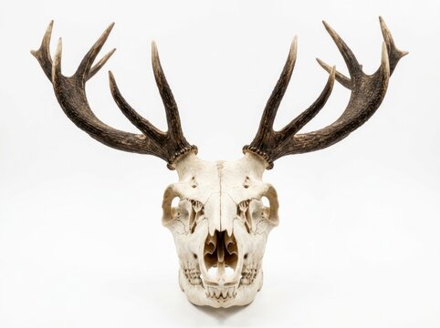 Deer skull with antlers on white.