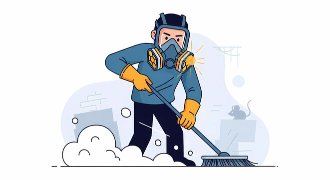 Professional cleaner in protective gear removing rodent infestation