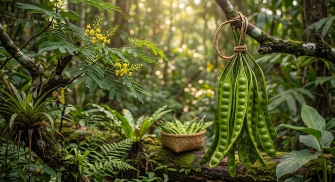 Bunch of fresh Petai or bitter bean pods hanging on a branch in a tropical rainforest