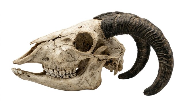 Goat skull with horns isolated white.
