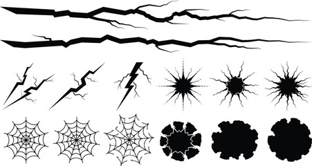 Fototapeta premium Surface Damage Crack SVG Bundle with Lightning Bolts Spider Webs Glass Shatter Impact Fissures and Hole Breakthrough Silhouette Symbols for Graphic Designs