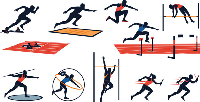 Track and Field Athletics Silhouette Athlete Icon Set with Running Hurdling Long Jump High Jump Pole Vault Javelin and Discus Throw Graphic Designs