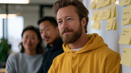 Fototapeta premium Engineering lead whiteboarding microservices migration plan with two developers, afternoon overcast light through frosted office glass, sticky notes clustering technical debt items as team debates w