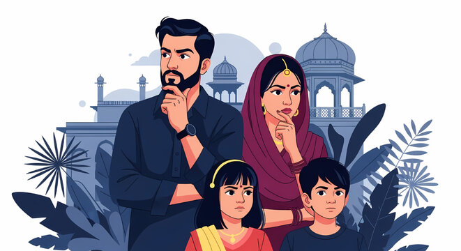 Indian family standing in front of traditional architecture