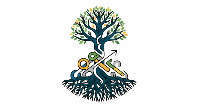 Conceptual illustration of a stylized tree with deep roots and various tool icons