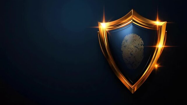 Golden shield with fingerprint inside and light sparks for digital security concept, personal ID verification system for business, data protection application and biometric access authorization