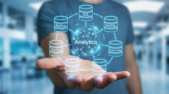 Man holding digital analytics data visualization in hand with database servers and sql connections