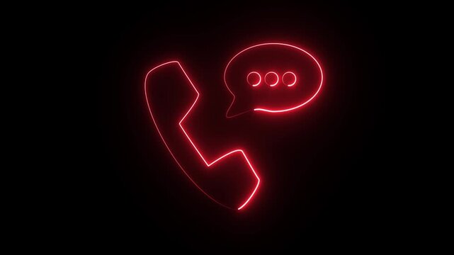 Glowing red neon telephone handset and speech bubble with three dots isolated on black background  symbolizing communication and messaging.