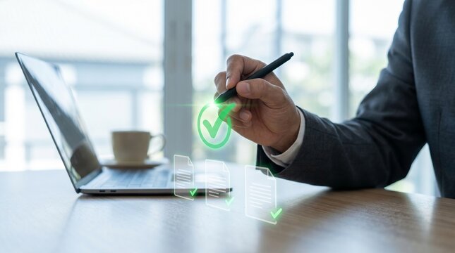 Businessman digitally signing electronic document with e signature on transparent screen