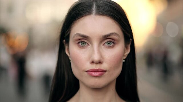 An extreme close-up portrait of a beautiful young brunette woman with green eyes looking directly into the camera on a city street at sunset