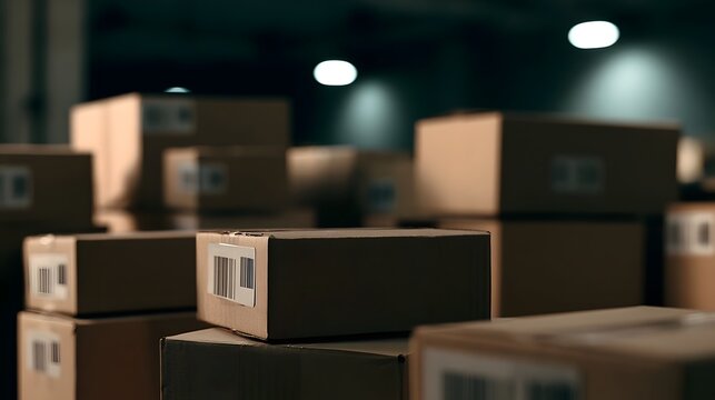 A collection of brown cardboard shipping boxes are arranged in a dimly lit interior conveying a strong sense of logistics and commerce