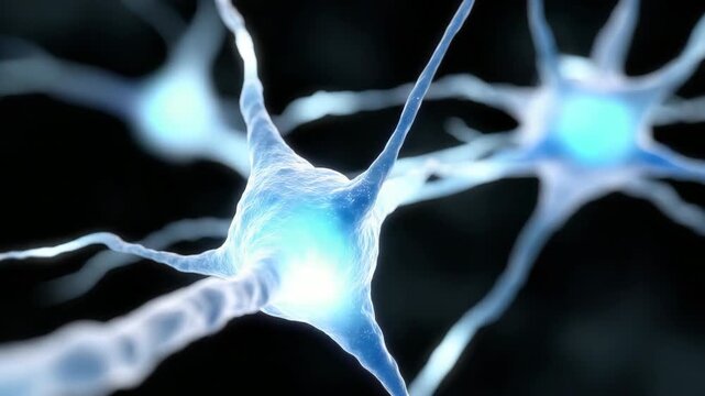 Slow motion tracking zoom of neurons firing and transmitting signals inside microscopic brain tissue in dark background