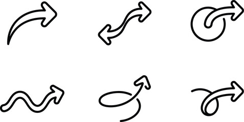 Fototapeta premium Set of six unique black outline arrow icons with various curves, waves, spirals, and loops, indicating direction and movement.