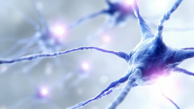 Slow motion tracking shot of neurons firing and transmitting signals through synapses in brain tissue microscopic close up