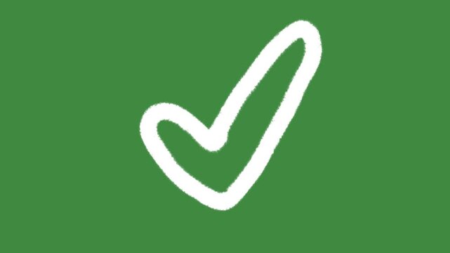 White chalk check mark symbol drawn isolated on green screen chalkboard texture background for simple right answer and approved checklist sign element concept.