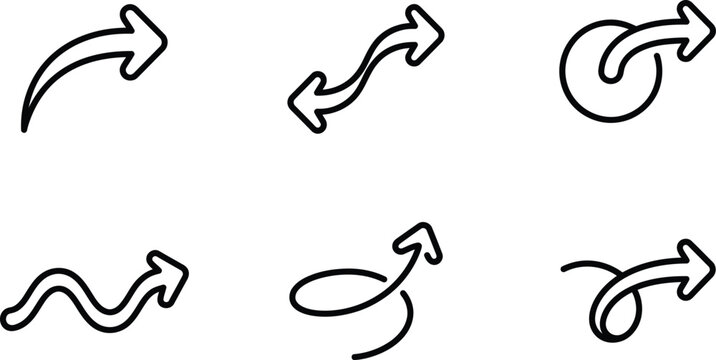 Set of six unique black outline arrow icons with various curves, waves, spirals, and loops, indicating direction and movement.