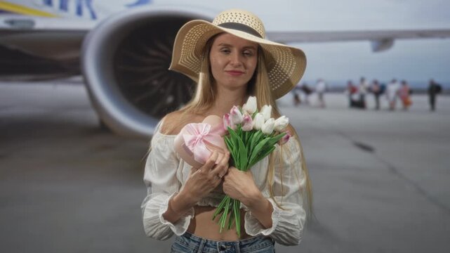 Woman holds bouquet and heart gift, hands clasping tulips in front of airplane engine on airport tarmac; romance.