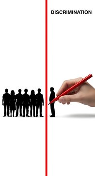 Conceptual image illustrating discrimination with a red line separating people.