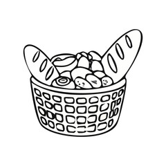 Obraz premium Outline Handdrawn Bread and Pastry Basket Doodle Illustration