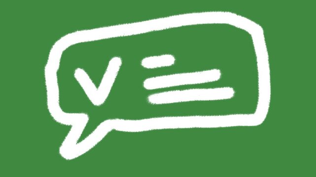 White chalk speech bubble with check mark icon isolated on green screen chalkboard background with hand-drawn chat bubble frame for simple feedback survey and correct answer sketch element concept.
