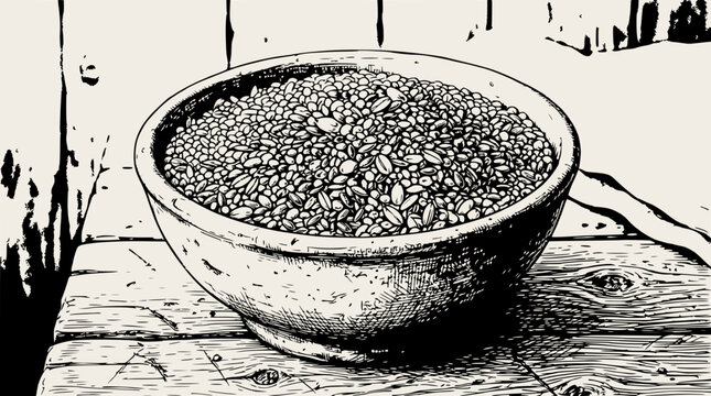 Bowl of Grains on Wooden Table, Rustic Farmhouse Style Illustration