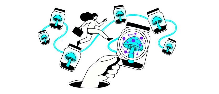 Businesswoman exploring magic mushroom network jumping through conceptual scientific research analysis looking at psychedelic biotechnology nodes investigating alternative medicine solutions.