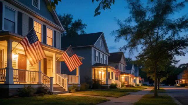Fluttering American flags on illuminated front porches shifting in dusk breeze, warm lights glowing