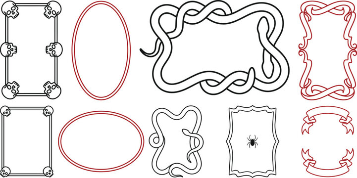 Decorative vector frames and borders in black and red with skull and spider motifs