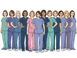 Obraz premium Group of female medical professionals in colorful scrubs