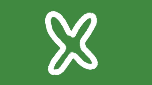 White chalk cross mark symbol drawn isolated on green screen chalkboard texture for simple wrong answer and incorrect feedback sketch element concept.