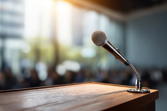 Lectern with sleek microphone on a stage in a quiet conference room for a formal presentation
