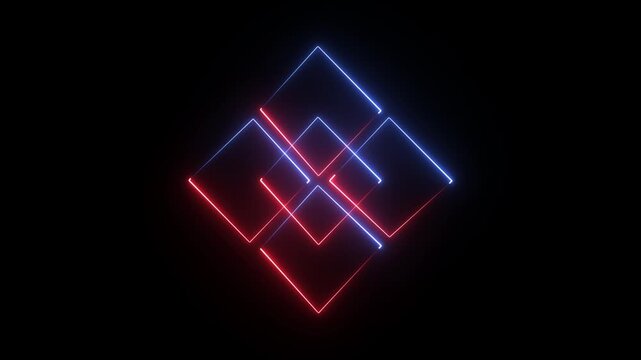 Abstract Neon Geometric Background with Glowing Red and Blue Diamond Shapes on Black