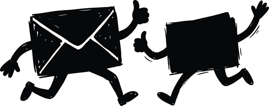 Running envelope characters with thumbs up silhouette on a white background