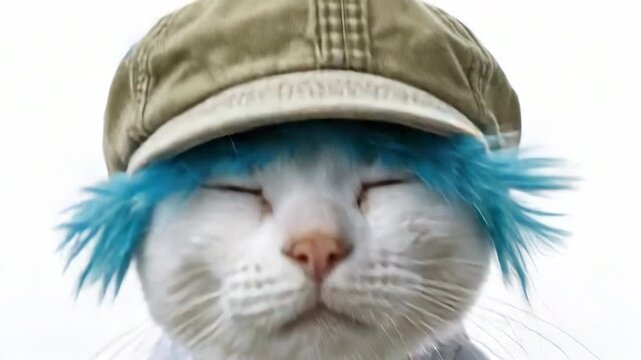 Slow motion close up of white cat wearing khaki cap with blue hair blinking and nodding on plain white studio background