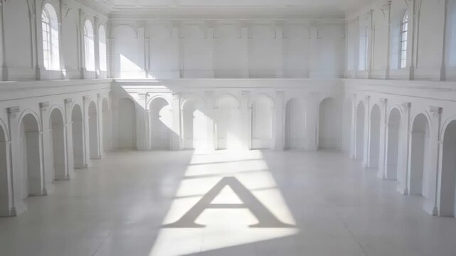 Shifting sunlight moving letter A shadow across central polished hall floor, with arched windows
