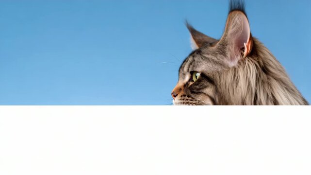 Panning shot of maine coon cat peeking and turning head over white ledge against blue studio backdrop