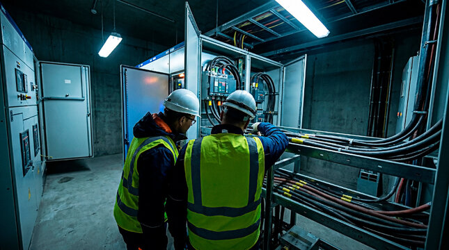 Two engineers in hard hats and safety vests working inside an electrical control room for the concept of industry and technology.
