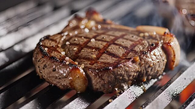 Juicy Ribeye Steak Grilling Over Hot Coals on a Barbecue.